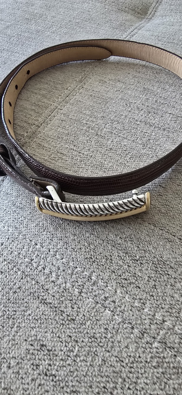 Brighton Brown Lizard Embossed Leather Belt Twisted Silver Gold Buckle
